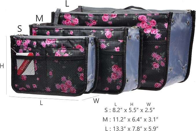 Vercord Purse Organizer Insert for Handbags Bag Organizers Inside Tote Pocketbook Women Nurse Nylon 13 Pockets Black Red Flower Large - Image 3