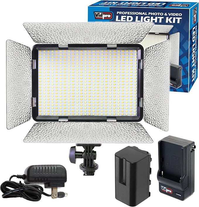 Vidpro LED-530 Photo and Video Light Kit - On Camera Panel LED Light - Adjustable and Dimmable 3200K-5600K Variable Color Light Fits Cameras w/Hot Shoe Includes Rechargeable Battery Diffuser by Vidpro