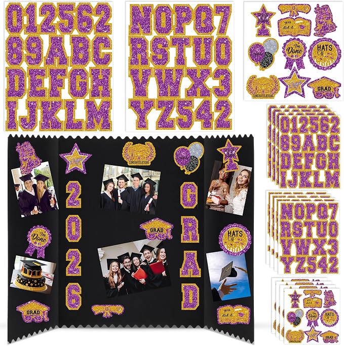 Glenmal 14 Sheets Graduation Photo Display Board Sticker Class of 2026 Purple Gold Picture Display Stickers Accessories for 2026 Grad Party College Board Photo Frame Decor (12x10inch, 8.3x8.3inch) by Glenmal