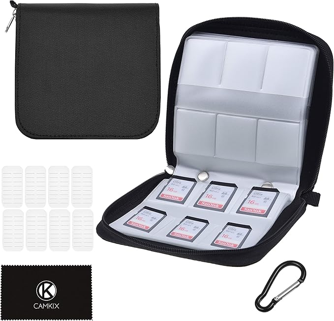 CamKix Memory Card Case - Fits up to 88x SD, SDHC, Micro SD, Mini SD and 4X CF - Holder with 88 Slots (8 Pages) - for Storage and Travel - Microfiber Cleaning Cloth, Carabiner and Labels Included by CamKix
