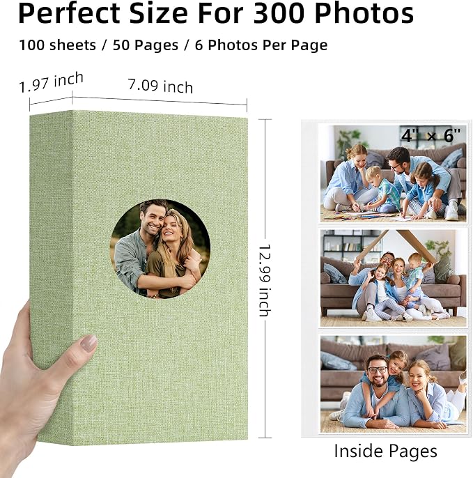 Vienrose Photo Album 4x6 Photos 300 Pockets Linen Cover Slip-in Photo Book with Round Window for Wedding, Vacation Memories, Personalized Picture Organizer, Green - Image 2