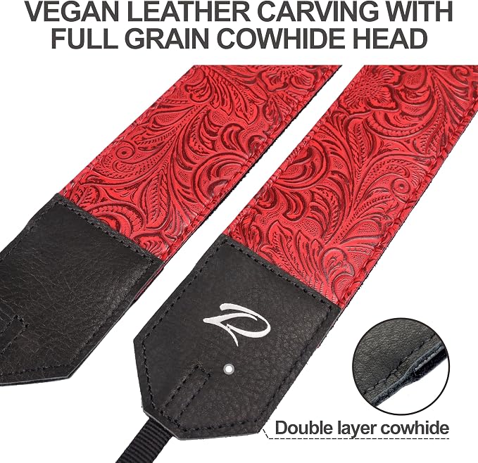 Padwa Lifestyle Camera Strap - 2" Red Faux Leather Carving Camera Straps with Full Grain Leather Ends for Photographers, Vintage Soft Suede Fabric Padded Strap Quick Release fits All Cameras - Image 3