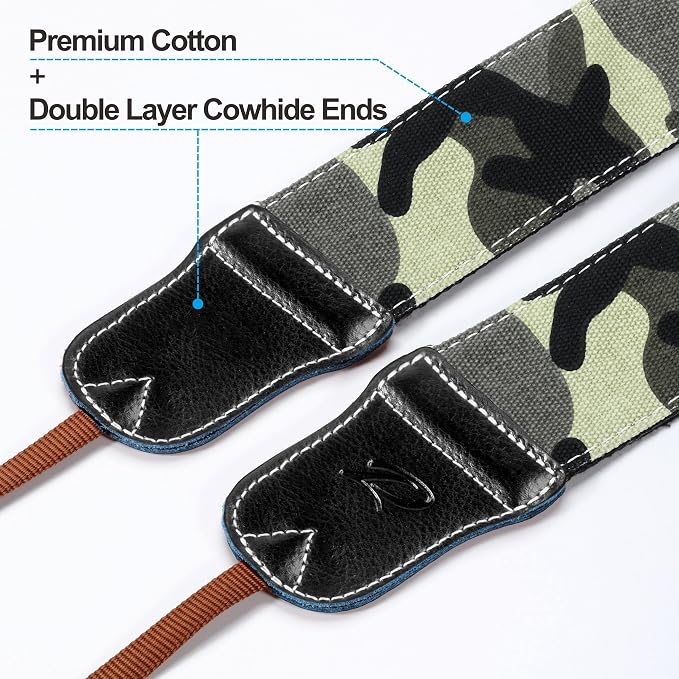 Padwa Lifestyle Camouflage Camera Strap - Double Layer Cowhide Ends,2" Pure Cotton Vintage Woven forest Camo Camera Straps,Adjustable Neck & Shoulder Strap for All DSLR Cameras,Gift for Photographers - Image 2