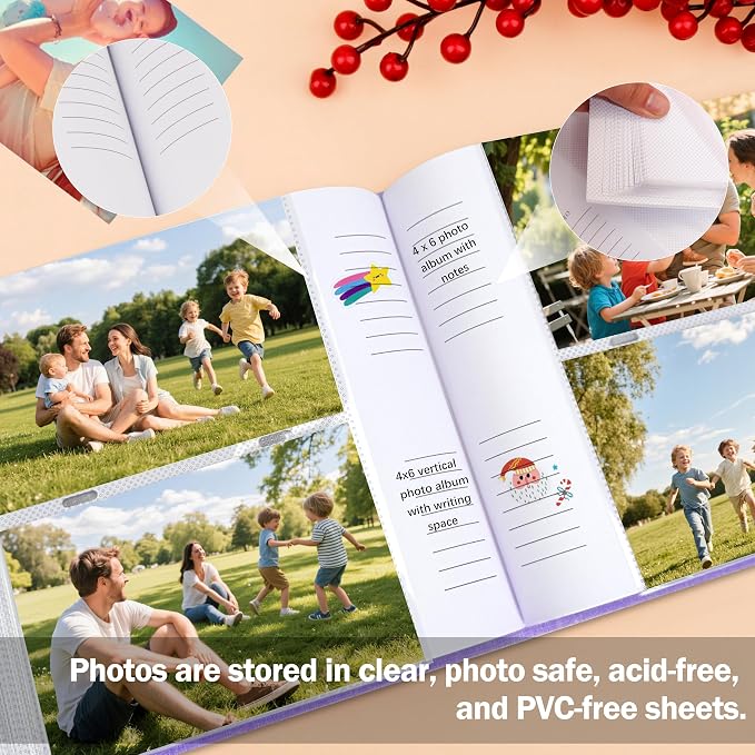 4x6 Photo Album Holds 240 Photos Writing Space Linen Cover, Purple | Clear Acid-Free Sleeves, Memo Writing Areas, Front Display Window, Baby, Wedding, Travel & Family Picture Keepsakes - Image 5