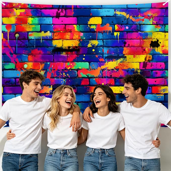 7x5ft Graffiti Backdrop Retro 80s 90s Hip Hop DJ Brick Wall Background | Brick Wall Background for Photoshoot Vibrant Colorful Street Art Backdrop for Birthday Party Graduation & Disco Decor - Image 5