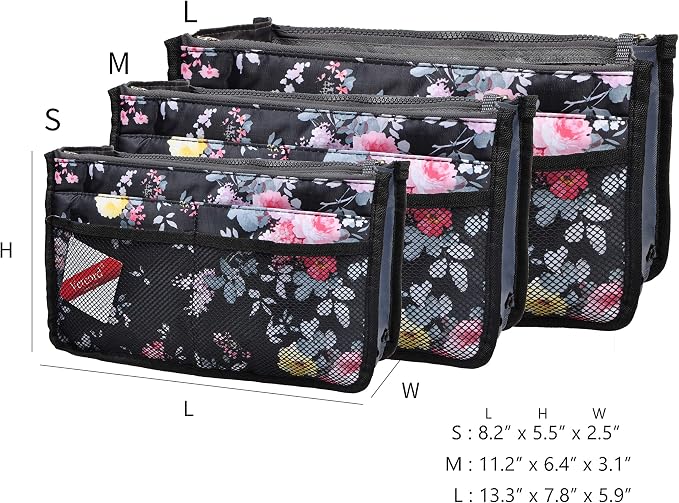 Vercord Purse Organizer Insert for Handbags Bag Organizers Inside Tote Pocketbook Women Nurse Nylon 13 Pockets Peony Flowers Medium - Image 3