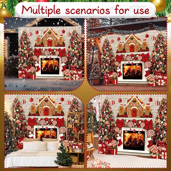 Peryiter Christmas Backdrop for Photography Xmas Tree Stocking Candy Gift Polyester Background Decoration Party Backdrop for Home Decoration Photo Studio Props(10x8 ft,Gingerbread House) - Image 6
