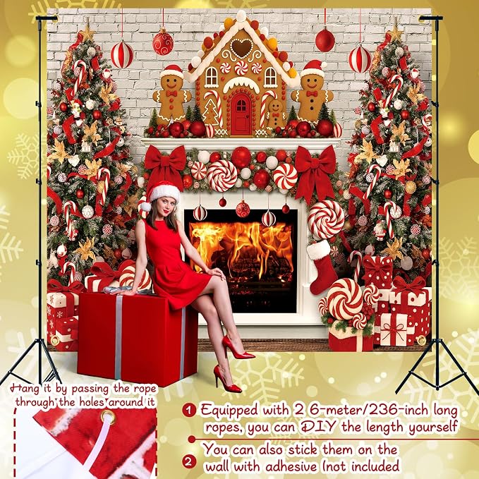Peryiter Christmas Backdrop for Photography Xmas Tree Stocking Candy Gift Polyester Background Decoration Party Backdrop for Home Decoration Photo Studio Props(10x8 ft,Gingerbread House) - Image 3