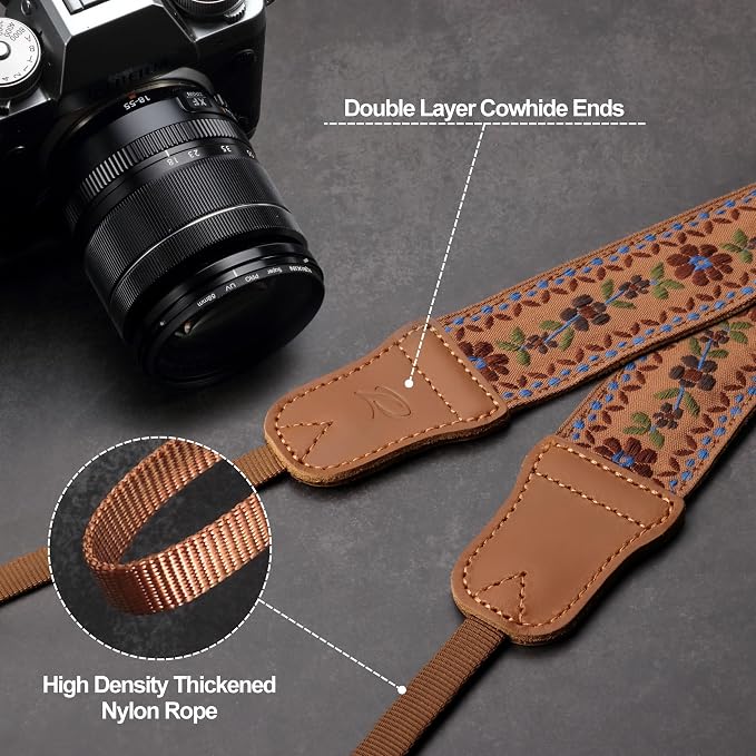 Padwa Lifestyle Embroidered Floral Camera Strap - 1.5" Crazy Horse Cowhide Ends Camera Straps for Photographers, Cute Cotton Weave Soft Suede Fabric Padded Strap fits All Cameras for Adults & Kids - Image 5