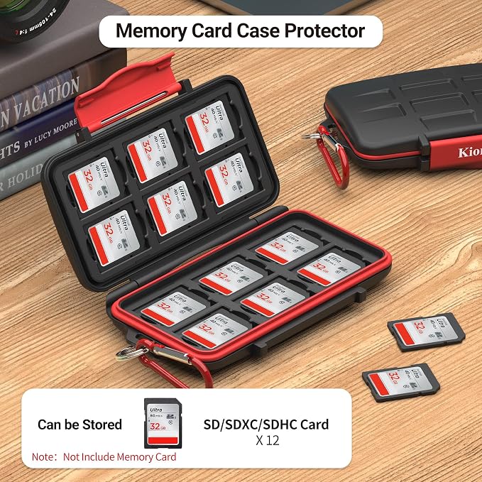 Kiorafoto IPX5 Water-Resistant SD Card Case Holder with 12 Slots | Anti-Shock,Durable,SD SDHC SDXC Memory Card Storage Protector Wallet,Hard Shell with Rubber Interior,Includes Carabiner - Image 3