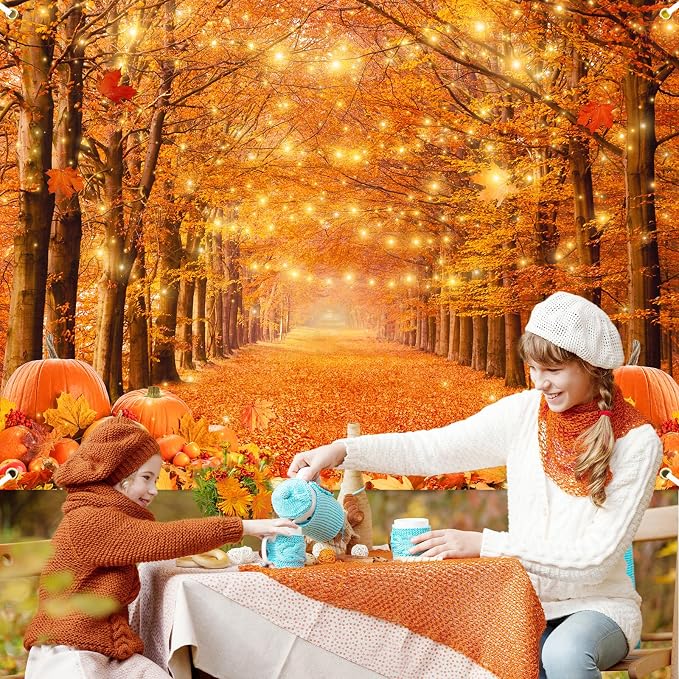 10x8ft Fall Thanksgiving Photography Backdrop | Cotton Fabric, Maple Forest Pumpkin Print, Fall Party Decor, Fall Harvest Friendsgiving Party Photo Booth Background - Image 3