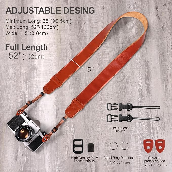 Padwa Lifestyle Orange Brown Leather Camera Strap - 1.5" Soft Full Grain Cowhide Camera Straps for Photographers, Soft Suede Fabric Padded Leather Strap with Quick Release fits All Cameras - Image 6
