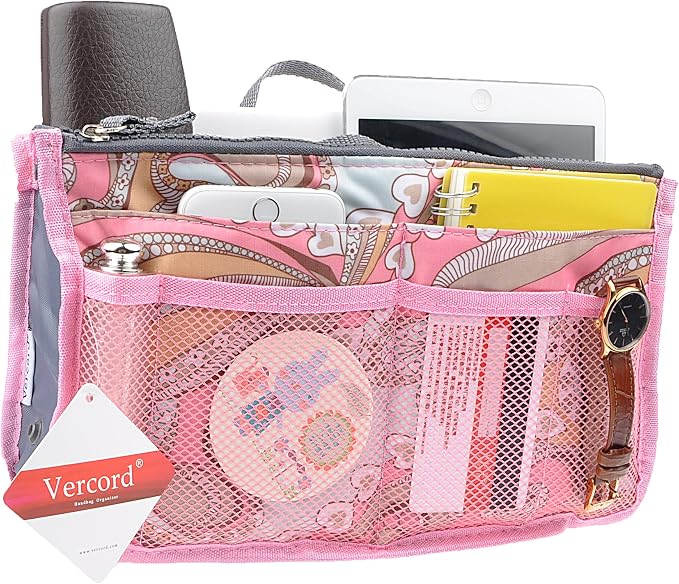 Vercord Purse Organizer Insert for Handbags Bag Organizers Inside Tote Pocketbook Women Nurse Nylon 13 Pockets Pink Flowers Large - Image 2