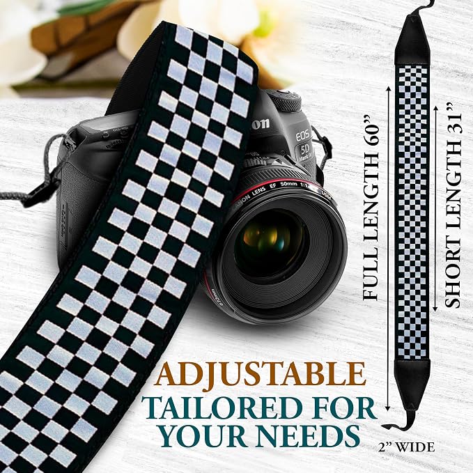 Art Tribute Custom Black White Checkers Camera Strap - Add Your Text and We Make It Especially For You Get Your Own Personalized Stocking Stuffer & Christmas Gift Camera Strap, No Shipping Cost! - Image 6