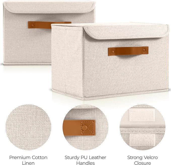 Decorative Linen Storage Boxes with Lids - Large Set of 2 Organizer Bins | The Perfect Container for Home Decor - Safely Store Photos, Documents and Memory Box Keepsakes in Style - Image 4