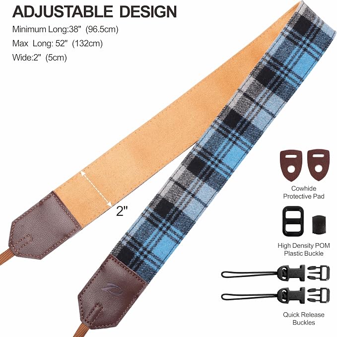 Padwa Lifestyle Camera Strap - 2" Full Grain Leather Ends Camera Straps for Photographers, Unique Vintage Cashmere and Soft Suede Fabric Padded Strap Quick Release fits All Cameras(Blue Check) - Image 6