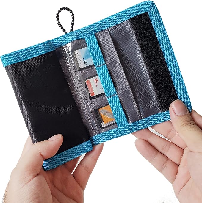 Memory Card Wallet - SD Card Storage - Slim and Foldable with Transparent Slots - Can Carry Up to 15 SD Cards - Straps with Tether Included - (Black/Blue) by CamKix
