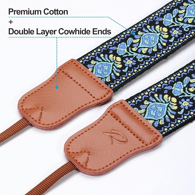 Padwa Lifestyle Camera Strap - 2" Wide Double Layer Cowhide Head Camera Straps for Photographers, Universal Neck & Shoulder Cotton Padded Vintage Strap for All DSLR Cameras（Blue Embroidery Floral） - Image 2