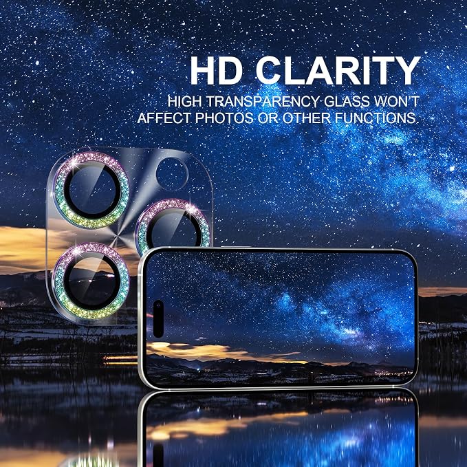Choiche for iPhone 16 Pro/iPhone 16 Pro Max Camera Lens Protector | Bling Camera Cover with 9H Tempered Glass Lens Screen Protector Metal Ring Decoration Accessories (Clear-Colorful) - Image 5
