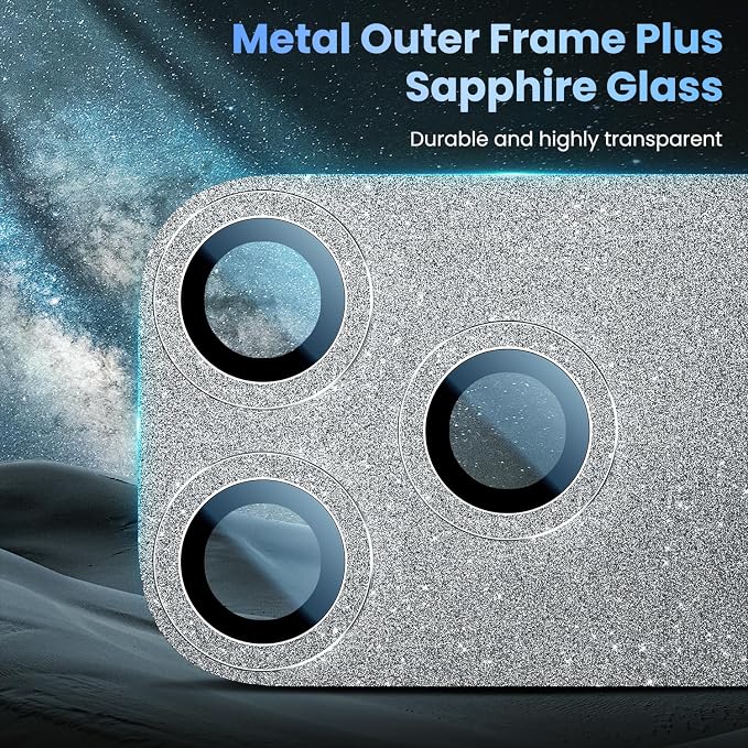 Uyiton for iPhone 17 Pro Max Camera Lens Protector, Metal Frame Glass Cover | Not Easy to Break, Strong Adsorption, Case-Friendly, Metal 9H Sapphire Glass Rear Camera Screen Cover, Glitter Silver - Image 4