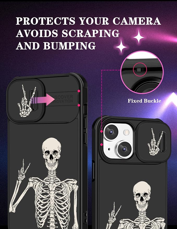 (2in1 for iPhone 15 Plus Case Skull Skeleton for Women Cute Cover Boys Gothic Spooky Funny Cool Black Design with Slide Camera Cover protective Stand Holder for iPhone 15 Plus Phone Case 6.7'' - Image 3