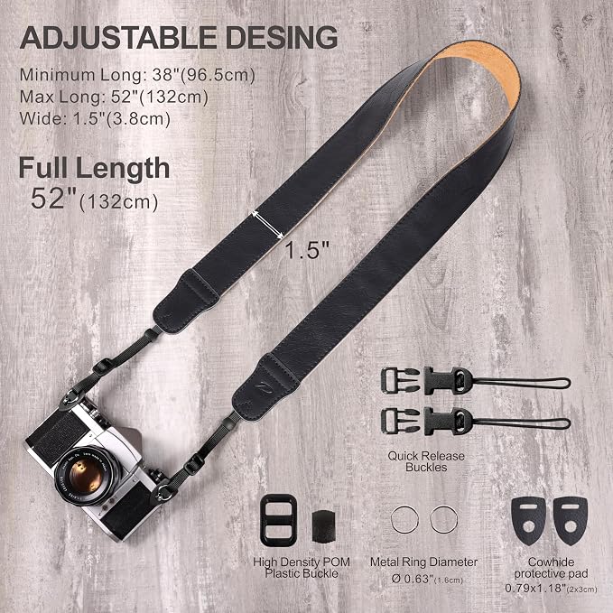 Padwa Lifestyle Black Leather Camera Strap - 1.5" Soft Full Grain Cowhide Camera Straps for Photographers, Soft Suede Fabric Padded Leather Strap with Quick Release fits All Cameras - Image 6