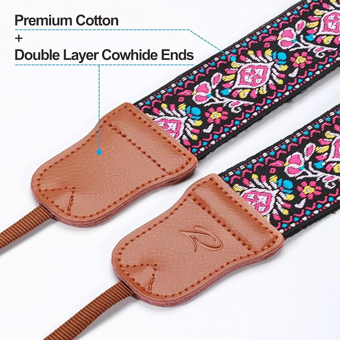 Padwa Lifestyle Pink Vintage Embroidered Camera Strap - 2" Wide Cowhide Head Camera Straps,Cotton Woven Adjustable Shoulder & Neck Strap for All DSLR Cameras,Great Gift for Men&Women Photographers - Image 2
