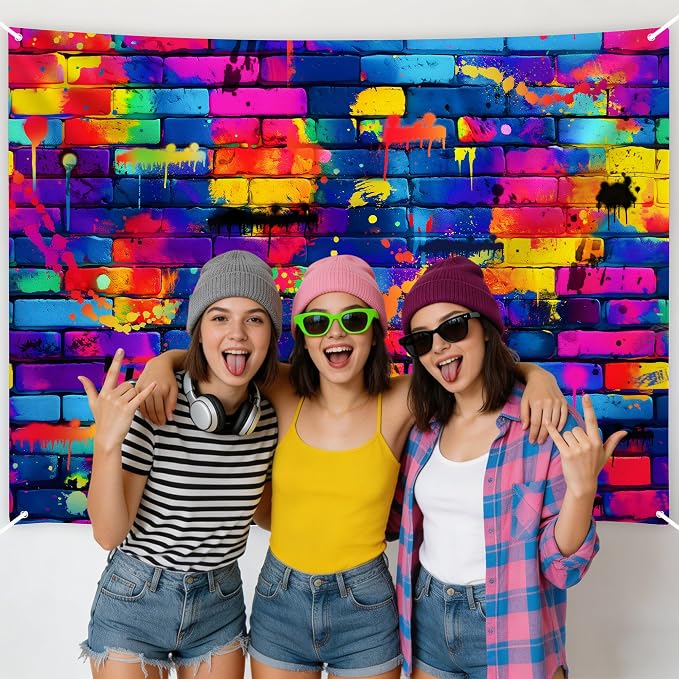 10x6.5ft Graffiti Wallpaper Mural Backdrop, Large Retro 80s 90s Hip Hop Brick Wall Background for Photoshoot, Vibrant Colorful Street Art for Birthday Party, Graduation & Disco Decor - Image 6