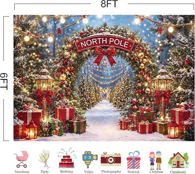 Christmas North Pole Photography Backdrop,Winter Aurora Borealis Snowy Forest Scene Background with Street Lamps,Xmas Party Decor Photo Booth Props(7x5ft) - Image 3