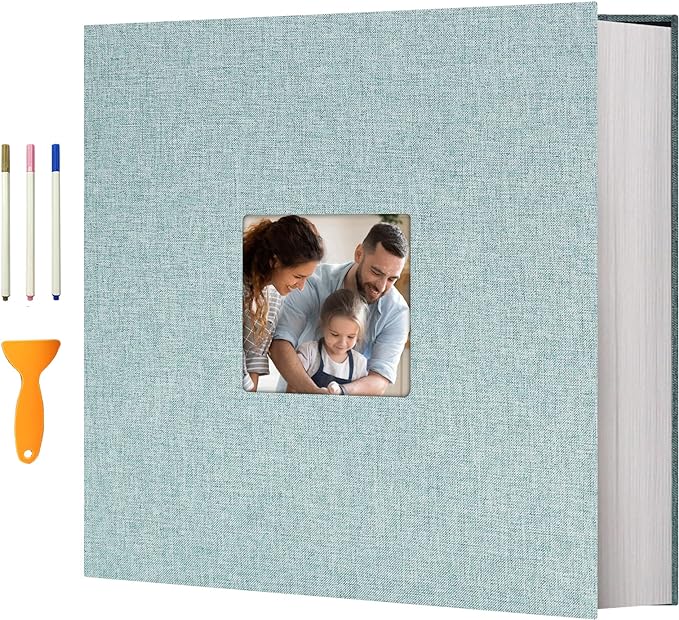 Vienrose Photo Album with Window Self Adhesive 13x12.6 120 Pages Turquoise | Linen Cover, Scrapbook, Holds 600 Photos, Fits 4X6 8X10 Pictures, Metallic Pen by Vienrose