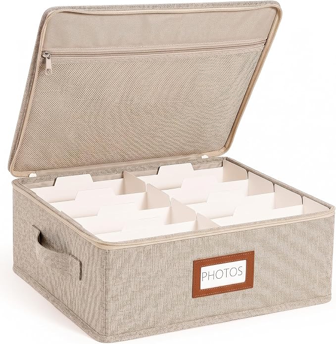 HULISEN Photo Storage Box, Photo Organizer for 2000 4x6 Pictures, Brown | Linen Keepsake Box with Zipper Lid, 8 Dividers, Label Cards Included, Mesh Pocket for Larger Prints, Family Memory Storage - Image 8