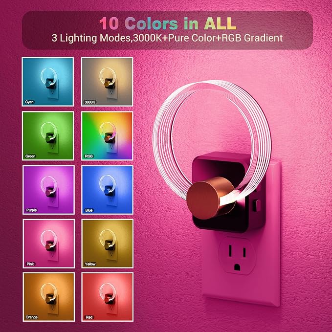 JandCase Night Light, 2 Pack Color Changing Night Lights Plug into Wall | RGB Nightlight with Light Sensor, 180° Rotatable Plug in Nightlights, Dimmable Ring Acrylic Night Light for Kids Gift Hallway - Image 3