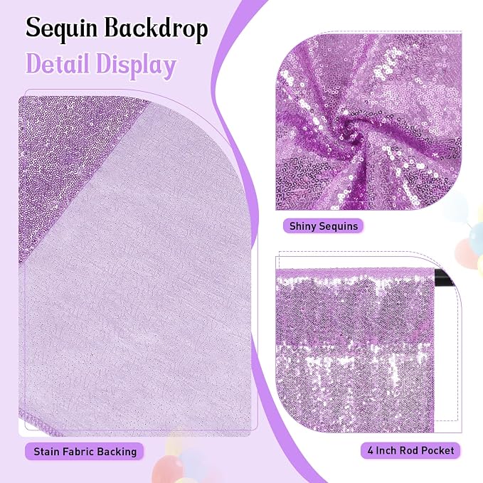 SquarePie 6x8ft Lavender Sequin Backdrop, High Density Non-Transparent Glitter Curtain for Photography, Birthday, Wedding Party Decorations, Thick Solid Background with 4" Rod Pocket, 1 Panel - Image 3