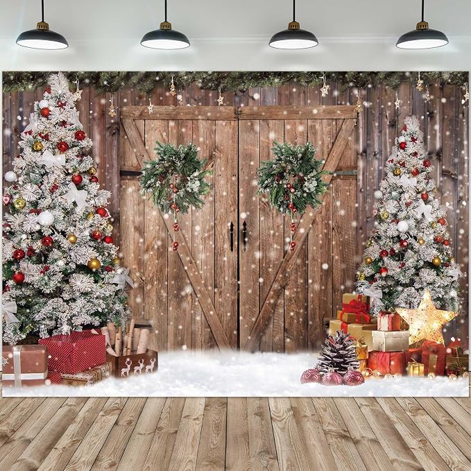 12x8FT Polyester Fabric Winter Christmas Rustic Barn Wood Door Photography Backdrop Xmas Tree Snow Background Banner for Family Holiday Party Decoration Supplies Photo Studio Props Pictures - Image 2