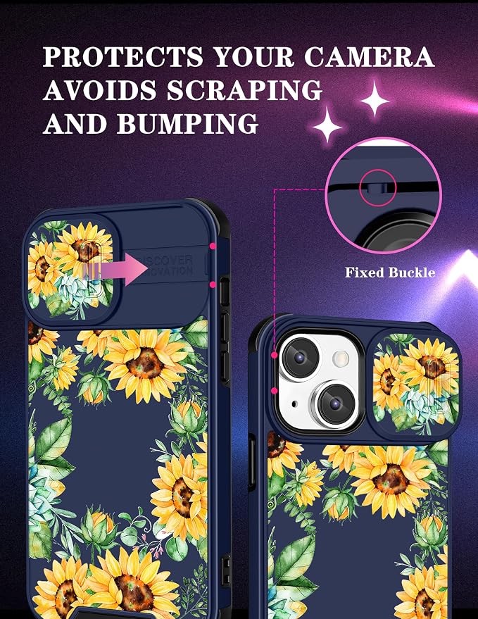(2in1 for iPhone 15 Case Sunflower Floral for Women Cute Phone Cover Girly Pretty Blue Sun Flowers Unique Teen Design with Slide Camera Cover Protective Stand Holder for iPhone 15 Cases 6.1'' - Image 3