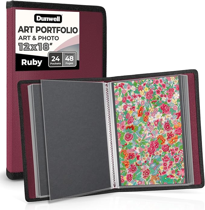 Dunwell 12x18 Art Portfolio Binder, 24-Sleeve, Black Mounting Paper, Ruby | 24 Clear Sleeves, Displays 48 Pages, Black Mounting Paper Included, Artwork Storage, Acid-Free Poly Protection by Dunwell