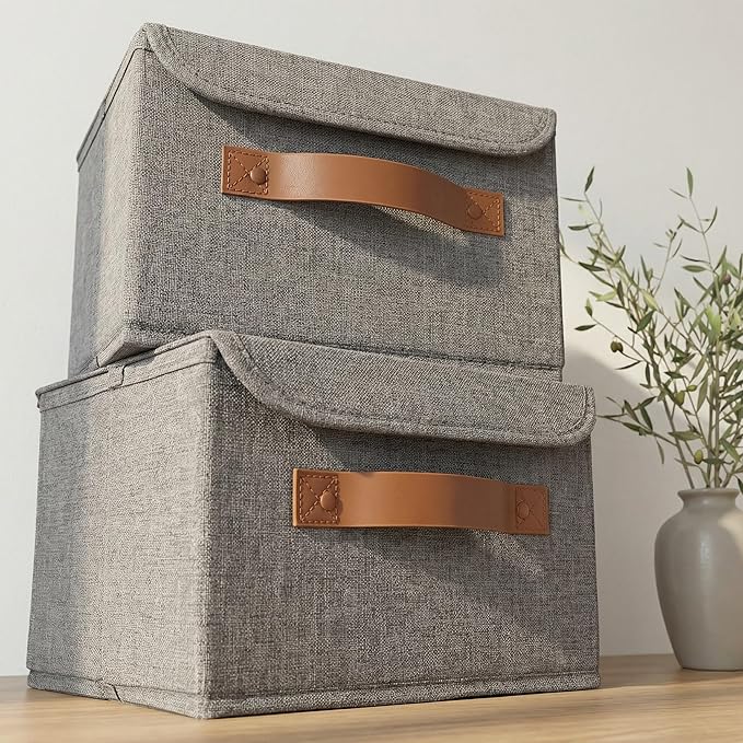 Decorative Linen Storage Boxes with Lids - Spacious Set of 2 Organizer Bins | The Perfect Small Container for Home Decor - Safely Store Photos, Documents and Memory Box Keepsakes in Style by ZICOTO