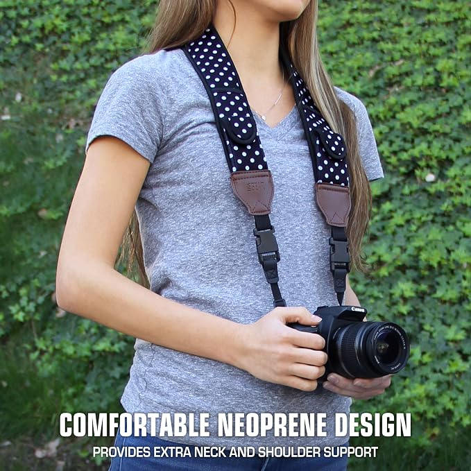 USA Gear TrueSHOT Camera Strap Neoprene Camera Straps - Padded Neck Strap, Pockets, and Quick Release Buckles - Compatible with Canon, Nikon, Sony and More DSLR and Mirrorless Cameras (Polka Dot) - Image 2