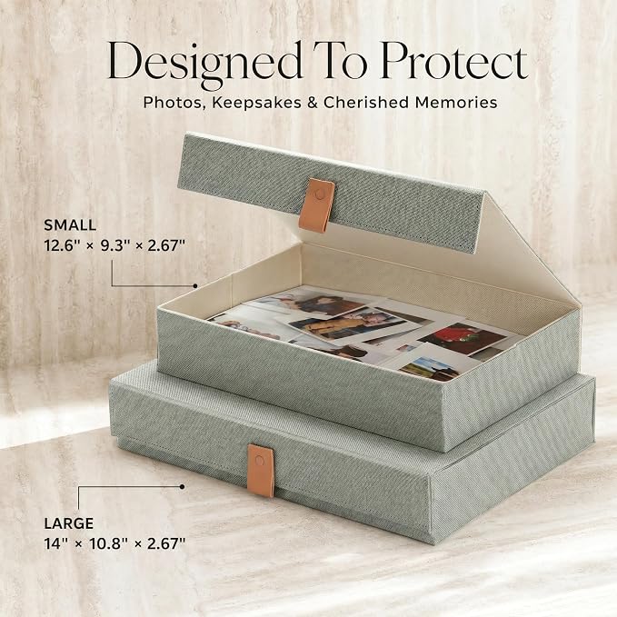 ZICOTO Decorative Photo Storage Boxes with Lids - Set of 2 Linen Organizers | Beautiful Boxes Safely Store Your Pictures, Documents, Scrapbooking Supplies, Keepsakes and Other Memories in Style - Image 3