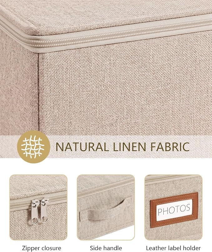 HULISEN Photo Storage Box, Photo Organizer for 2000 4x6 Pictures, Brown | Linen Keepsake Box with Zipper Lid, 8 Dividers, Label Cards Included, Mesh Pocket for Larger Prints, Family Memory Storage - Image 5
