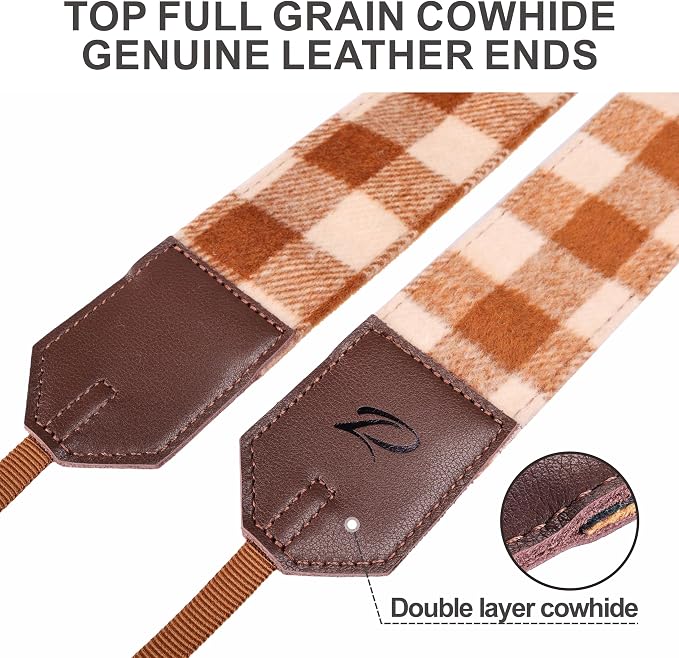 Padwa Lifestyle Camera Strap - 2" Full Grain Leather Ends Camera Straps for Photographers, Unique Vintage Cashmere and Soft Suede Fabric Padded Strap Quick Release fits All Cameras(Beige Brown Check) - Image 3