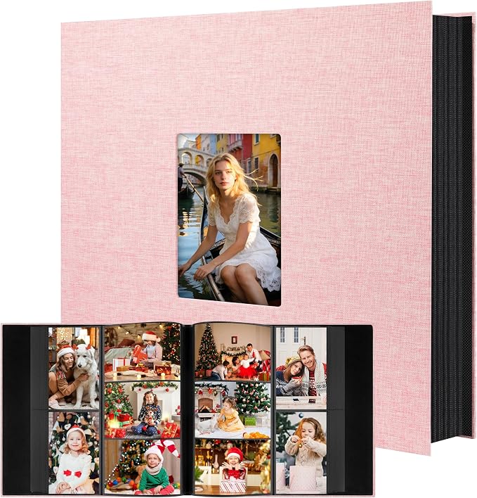 Aevdor Large Capacity 4x6 Photo Album, 1000 Photos, Linen Cover, Pink | 3 Horizontal + 2 Vertical per Side, Acid-Free Black Inner Pages, Front Display Window, Family, Wedding & Everyday Photos by Aevdor