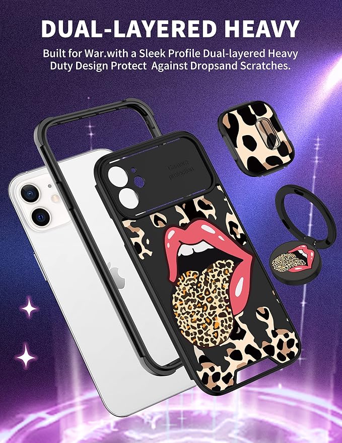 (2in1 for iPhone 11 Case Leopard Red Lip for Women Luxury Phone Cover Cute Cheetah Print Design with Slide Camera Cover Protective Black Brown Cases for iPhone 11 6.1'' - Image 5