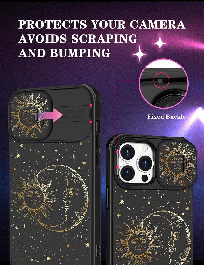 (2in1 for iPhone 14 Pro Max Case Sun and Moon Stars for Women Cute Space Phone Cover with Slide Camera Cover Protective Fashion Golden Print Design Black Cases for 14 ProMax 6.7'' - Image 3