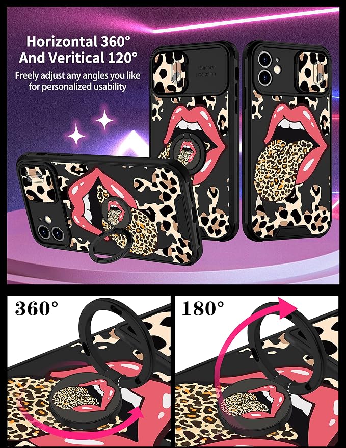 (2in1 for iPhone 11 Case Leopard Red Lip for Women Luxury Phone Cover Cute Cheetah Print Design with Slide Camera Cover Protective Black Brown Cases for iPhone 11 6.1'' - Image 4