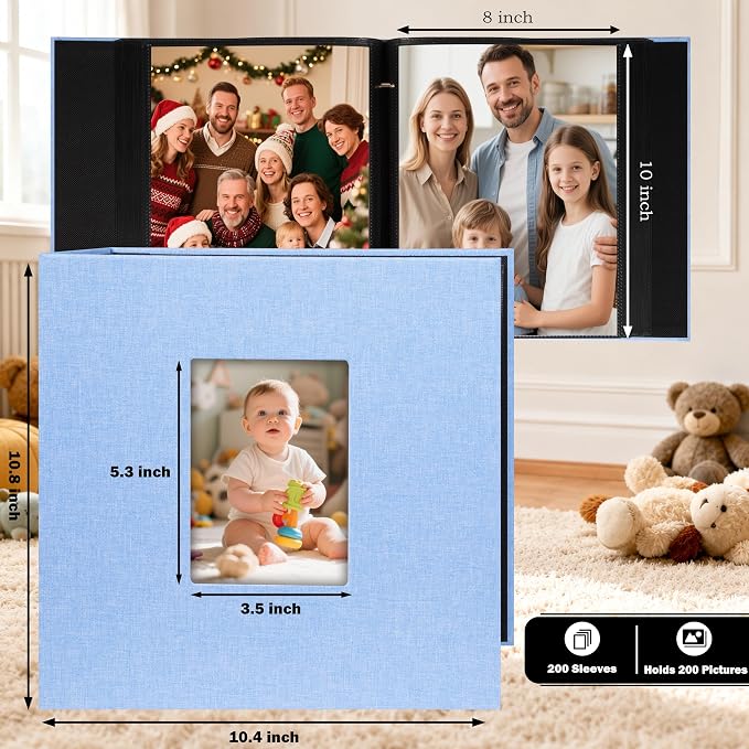 Aevdor Large Capacity 8x10 Photo Album, 200 Photos, Linen Cover, Blue | Black Inner Pages, Vertical 8x10 Layout, Clear Pockets for Photos, Artwork, Postcards & Drawings - Image 2