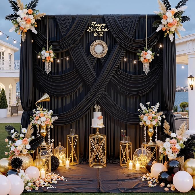 30 ft x 10 ft Wrinkle Free Black Backdrop Curtain for Parties, 6 Panels 10ft Polyester Black Photo Backdrop Drapes for Graduation Birthday Wedding Party Stage Curtains, Thick Bulk Background Curtains - Image 2