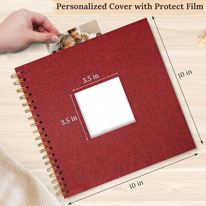 Scrapbook Photo Album Linen Cover, 10 x 10 Inch Hardcover Kraft White Pages Memory Book, for Travel Wedding Guest Book Christmas Baby Shower (40 Sheets/ 80 Pages,Red) | Red Hardcover Kraft White Pages Memory Book, for Travel Wedding Guest Book Christma... - Image 2