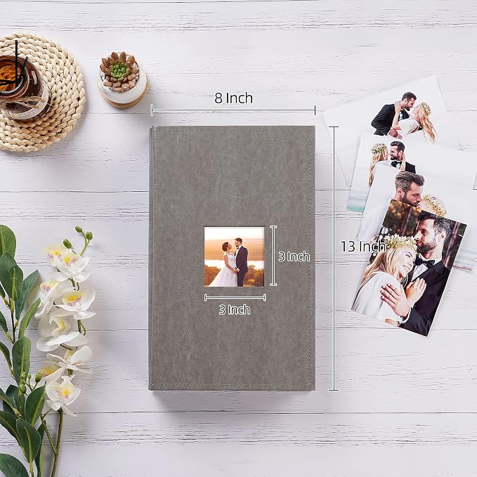 potricher Small Photo Album 4x6 300 Photos, Leather Cover, Gray | Leather 4x6 Picture Album with 300 Horizontal Pockets, Photo Book for Family, Wedding, Anniversary, and Baby - Image 2