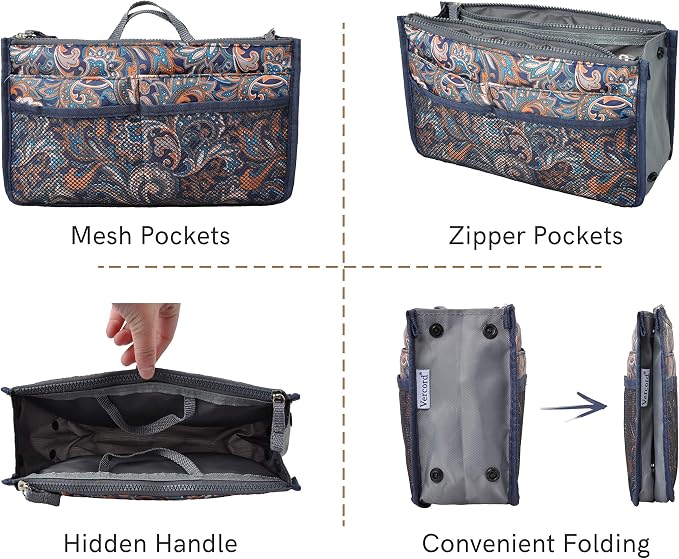 Vercord Purse Organizer Insert for Handbags Bag Organizers Inside Tote Pocketbook Women Nurse Nylon 13 Pockets Splash Wave Large - Image 3